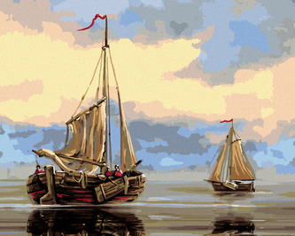 Malování podle čísel - DVĚ RYBÁŘSKÉ LOĎKY NA KRAJI MOŘE - 80x100 cm, vypnuté plátno na rám