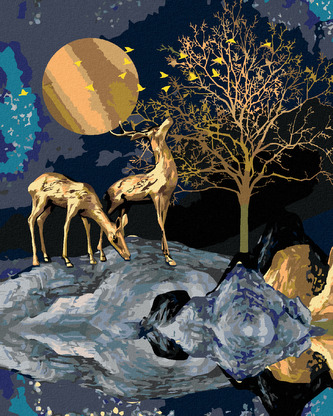 Malování podle čísel - ZLATÝ JELEN NA SKÁLE - 80x100 cm, bez rámu a bez vypnutí plátna