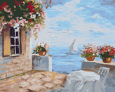 Malování podle čísel - TERASA S KVĚTINAMI U MOŘE - 80x100 cm, vypnuté plátno na rám