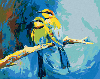 Malování podle čísel - BAREVNÍ PTÁČCI NA MODRÉM POZADÍ - 80x100 cm, bez rámu a bez vypnutí plátna