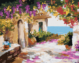 Malování podle čísel - DŮM U MOŘE S KVĚTINAMI - 40x50 cm, vypnuté plátno na rám