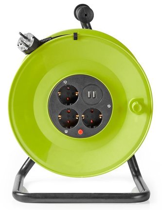 NEDIS kabelový buben/ 3x 1,5 mm2/ 3x zásuvka/ tepelná elektrická pojistka/ Typ F/ USB/ zeleno-černá/ 50 m