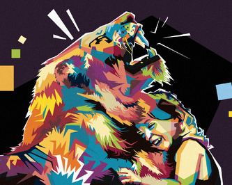 Malování podle čísel - BAREVNÝ LEV A DÍVKA - 80x100 cm, bez rámu a bez vypnutí plátna