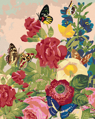 Malování podle čísel - MOTÝLI A PESTRÉ KVĚTINY - 80x100 cm, bez rámu a bez vypnutí plátna
