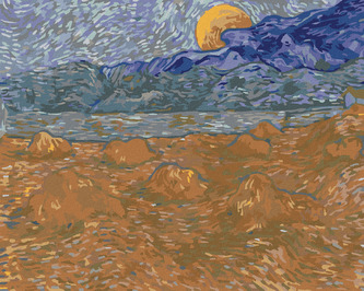 Malování podle čísel - KRAJINA S PŠENIČNÝMI SNOPY A VYCHÁZEJÍCÍM MĚSÍCEM (VINCENT VAN GOGH) - 80x100 cm, vypnuté plátno na rám