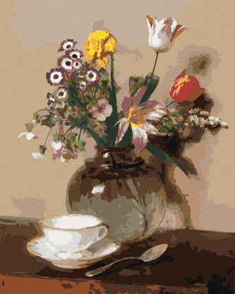 Malování podle čísel - ZÁTIŠÍ S KVĚTINAMI A ŠÁLKEM (HENRI FANTIN-LATOUR) - 80x100 cm, vypnuté plátno na rám