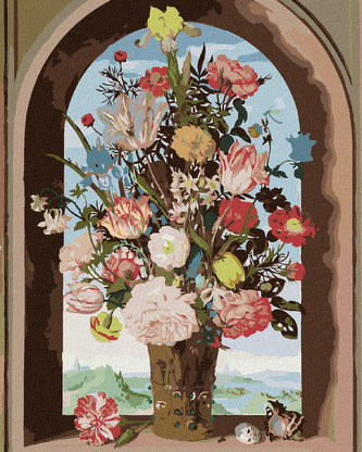 Malování podle čísel - VÁZA S KVĚTINAMI V OKENNÍM VÝKLENKU (AMBROSIUS BOSSCHAERT) - 40x50 cm, vypnuté plátno na rám