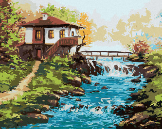 Malování podle čísel - BULHARSKÝ DŮM U ŘEKY V HORÁCH - 40x50 cm, bez rámu a bez vypnutí plátna