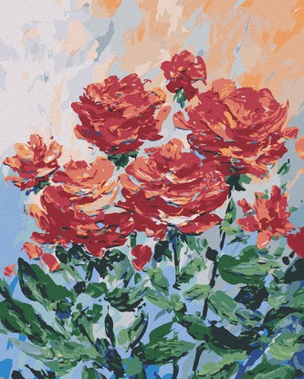 Malování podle čísel - ČERVENÉ KVĚTINY NA ŠEDÉM POZADÍ - 80x100 cm, bez rámu a bez vypnutí plátna