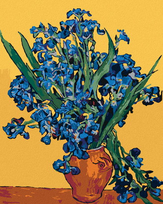 Malování podle čísel - KOSATCE NA ŽLUTÉM PODKLADU DLE VAN GOGHA - 80x100 cm, bez rámu a bez vypnutí plátna