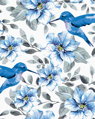 Malování podle čísel - MODRÉ KVĚTY A KOLIBŘÍCI - 80x100 cm, bez rámu a bez vypnutí plátna