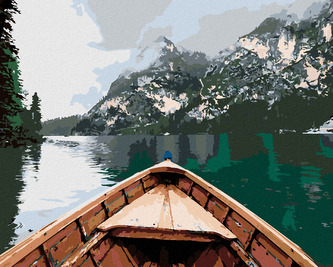 Malování podle čísel - LOĎ NA JEZEŘE A HORY V MLZE - 80x100 cm, bez rámu a bez vypnutí plátna