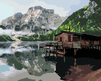Malování podle čísel - JEZERO S CHATOU A LODĚMI ITÁLIE - 40x50 cm, vypnuté plátno na rám