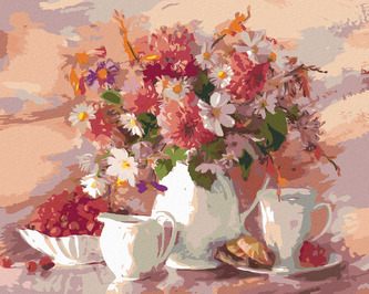 Malování podle čísel - KVĚTINY V BÍLÉ VÁZE S BÍLÝM ŠÁLKEM - 40x50 cm, vypnuté plátno na rám