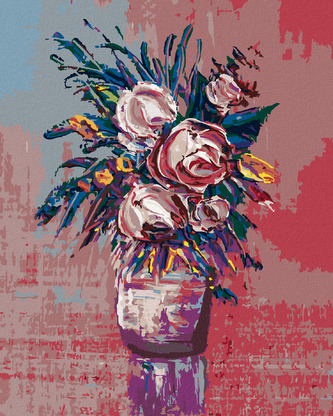 Malování podle čísel - KYTICE RŮŽÍ NA ČERVENÉM POZADÍ - 40x50 cm, vypnuté plátno na rám