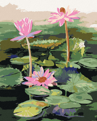 Malování podle čísel - TŘI RŮŽOVÉ LEKNÍNY NA JEZEŘE - 40x50 cm, vypnuté plátno na rám