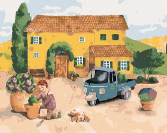 Malování podle čísel - ŽENA SADÍCÍ KVĚTINY U DOMU V PROVANCE - 80x100 cm, bez rámu a bez vypnutí plátna