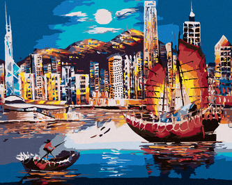 Malování podle čísel - PŘÍSTAV V HONG KONGU - 80x100 cm, bez rámu a bez vypnutí plátna