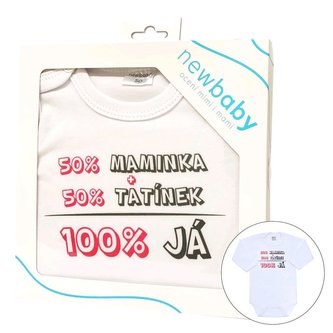 Body s potiskem New Baby 50% MAMINKA + 50% TATÍNEK - 100% JÁ růžové - dárkové balení - velikost 86 (12-18m)