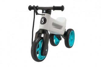 Odrážadlo FUNNY WHEELS Rider SuperSport biele/tyrkys 2v1+popruh,výš.sedla28/30cm nos.25kg 18m+v sáčku