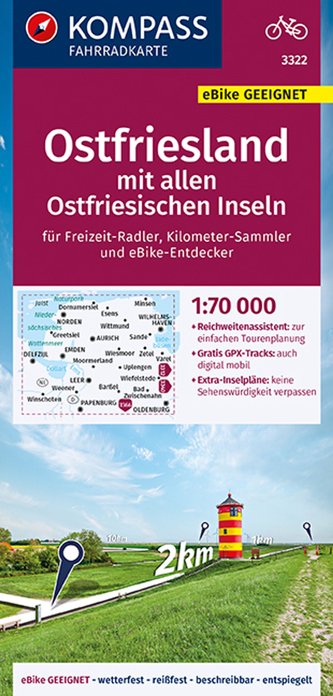 KOMPASS Fahrradkarte 3322 Ostfriesland mit allen Ostfriesischen Inseln 1:70.000