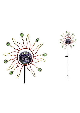 Slnko s LED svetlom, kovová záhradná dekorácia, zápich (batérie na solárny dobíja)