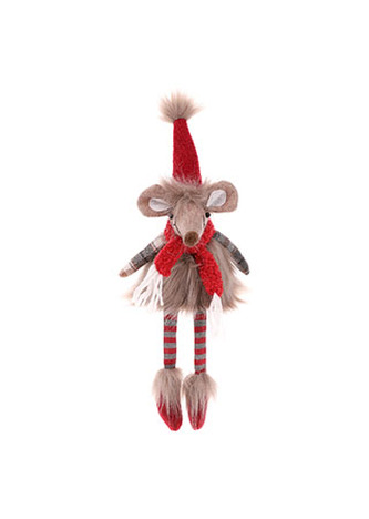 Myšák s červenou šálou a čepicí, sedící, textilní dekorace