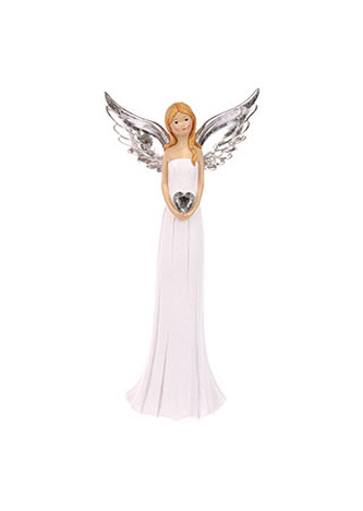 Anděl držící srdce, polyresinová dekorace, barva bílá s glitry