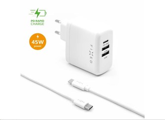 Fixed nabíječka do sítě, konektor USB-C + 2x USB-A, kabel USB-C -> USB-C délka 1 m, podpora PD, 45 W, bílá