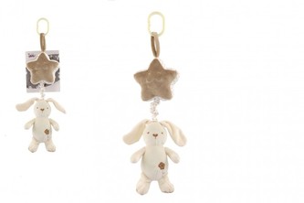 Zajac s hviezdou plyš záves na postieľku/kočík naťahovací hrací strojček 36cm na karte v sáčku 0+