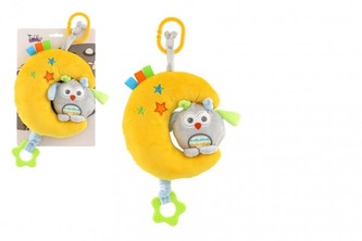 Mesiac so sovou plyš záves na postieľku/kočík naťahovací hrací strojček 24cm na karte v sáčku 0+