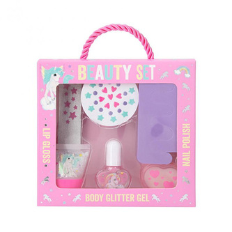 Kosmetická sada Ylvi and the Minimoomis, Jednorožec, lesk na rty, třpytivý tělový gel, lak na nehty, pilník na nehty, oddělovače prstů, samolepky