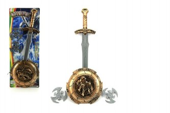 Meč se štítem a doplňky plast na kartě 21x57cm