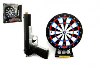 Pištoľ laserová 23cm + terč 19cm plast na batérie so svetlom so zvukom v krabici 32x29x5cm