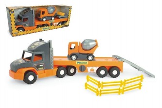 Auto nákladní Super Tech Truck návěs 78cm + auto domíchávač 24cm plast Wader v krabici 78x28x20cm