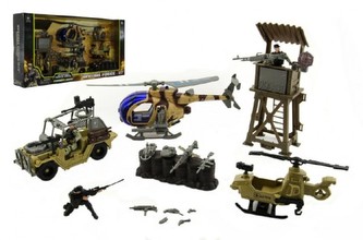 Vojenská základna s doplňky plast + vrtulník na baterie se světlem se zvukem v krabici 66x33x11cm