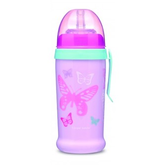 Canpol babies Športová fľaša so silikónovou nevylievacou slamkou MOTÝLIK 350 ml ružová