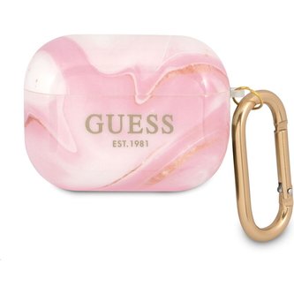 Guess TPU Shiny Marble pouzdro pro Airpods Pro růžové