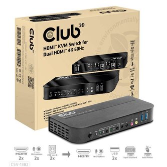 Club3D sieťový prepínač - Switch, HDMI KVM Switch - Dual HDMI 4K 60Hz
