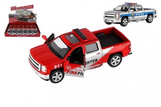 Auto Kinsmart Chevrolet 2014 Silverado Polícia/Hasič kov/plast 13cm na spätné nat. 2 farby 12ks box