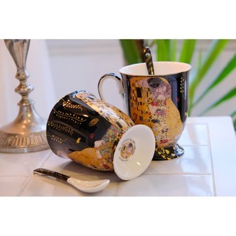 HOME ELEMENTS 2x 280 ml hrnek se lžičkou - Klimt Polibek černý