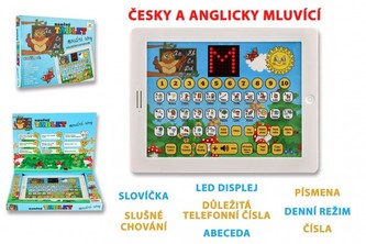 Náučný tablet múdre sovy dvojjazyčný CZ+AJ plast 24x19x2cm na batérie so zvukom v krabici 32x23x3cm