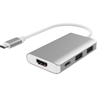PremiumCord Převodník USB3.1 typ C na HDMI + 2xUSB3.0 + PD nabíjení stříbrný