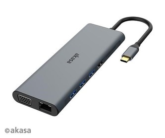 AKASA Dokovací stanice USB-C 14v1, USB-C (power+data), USB 2.0, 2xHDMI, VGA, RJ45, USB 3.2, čtečka karet, 3,5mm jack