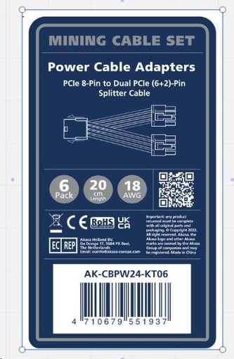 AKASA kabel PCIe 8-Pin na Dual PCIe (6+2)-Pin Splitter cable, 6 Sets