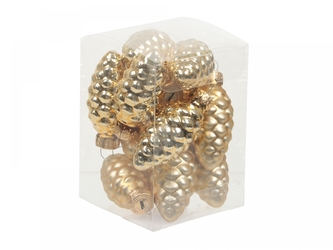 Skleněné baňky - šišky 6 cm, světle zlaté, sada 12 ks