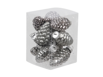 Sklenené banky - šišky, titánovo šedé 6 cm, sada 12 ks