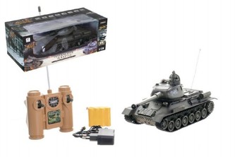 Tank RC plast 33cm T-34/85 27MHz na batérie + dobíjací pack so zvukom a svetlom v krabici 40x15x19cm