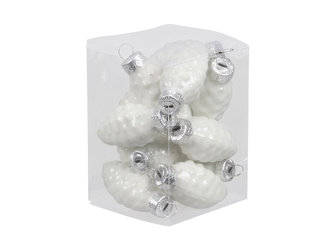 Skleněné baňky - šišky 6 cm, bílý opál, sada 12 ks