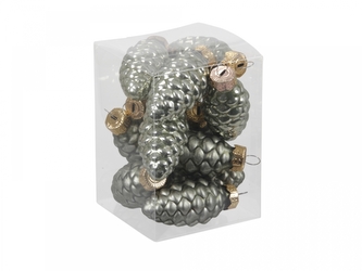 Skleněné baňky - šišky 6 cm, granite green, sada 12 ks